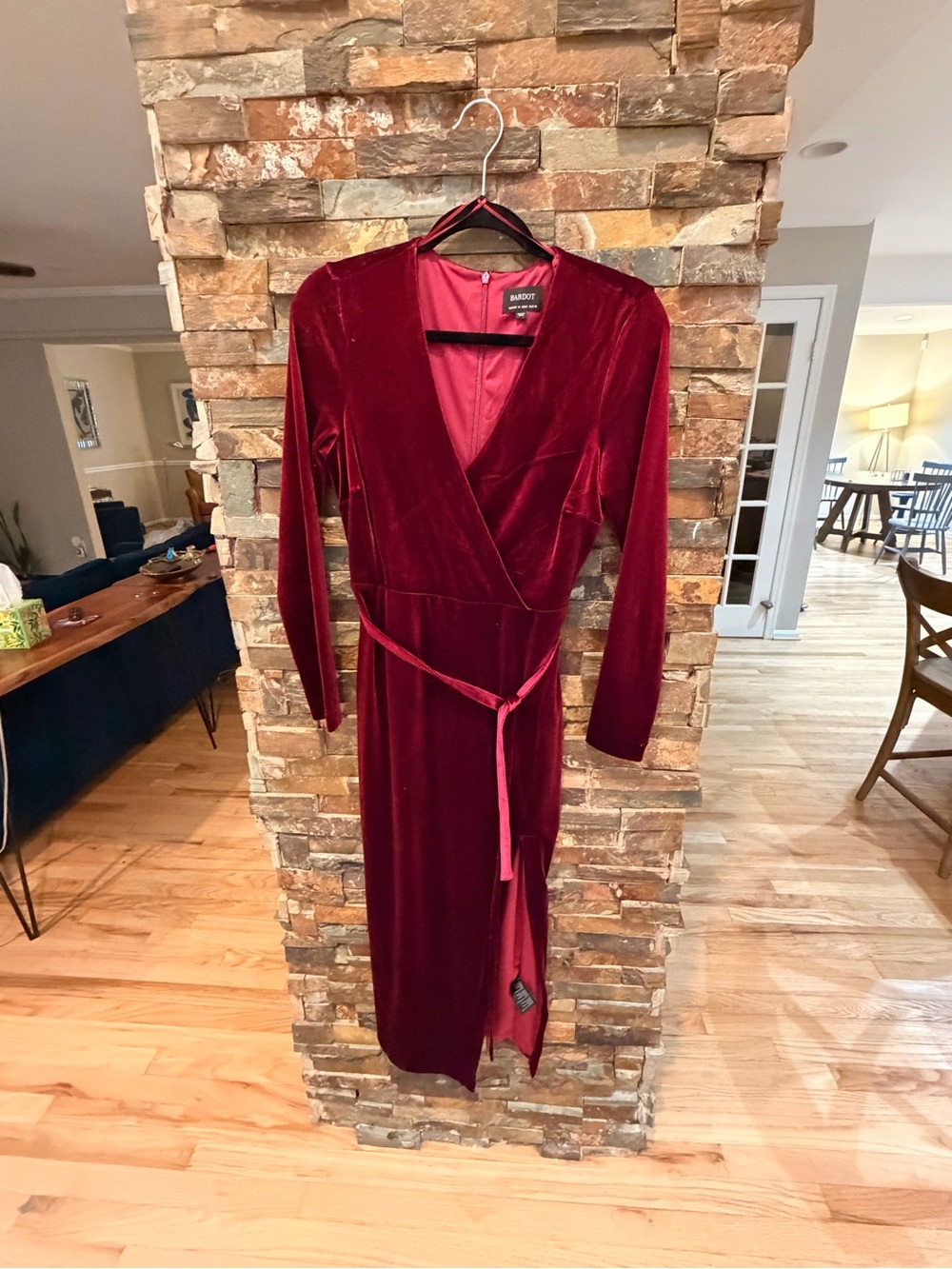 Bardot Deep Red Velvet Wrap Midi Dress